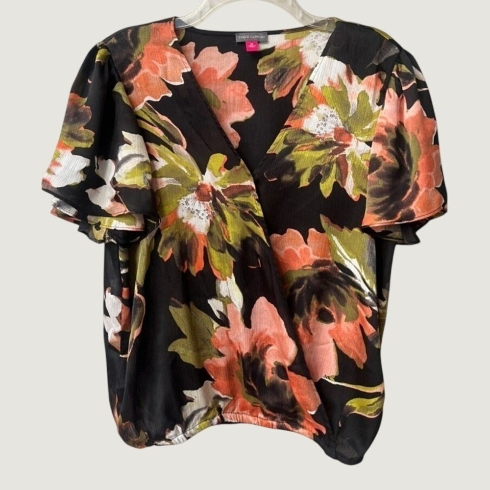 Vince Camuto Floral Wrap Style V Neck Short Sleeve Blouse Womens Medium Black